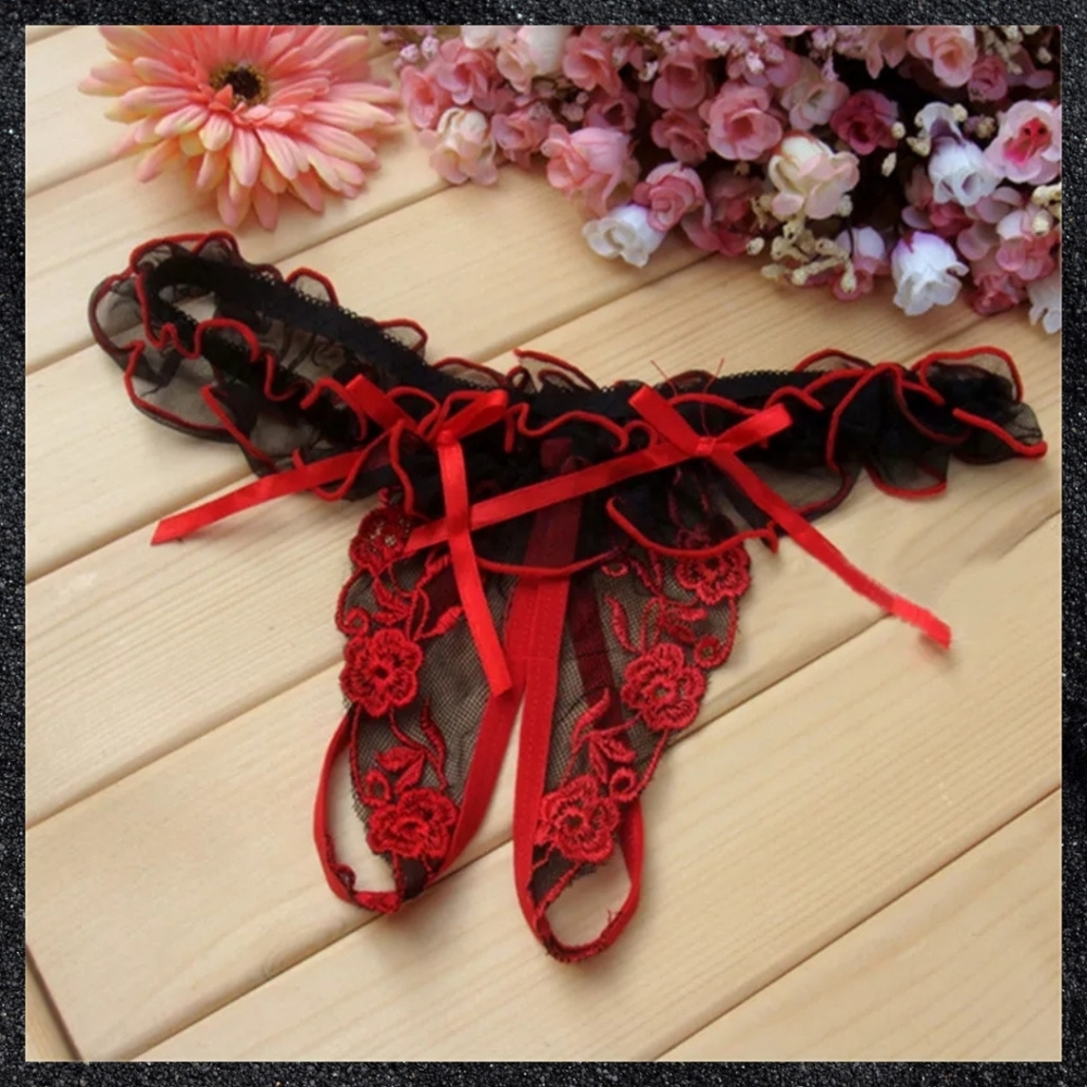 Black & Red Crotchless Floral Lace Ruffle G-String Open Crotch Panty - Picture 2 of 7